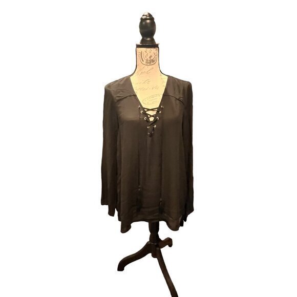 NWT Zac & Rachel Black Long Sleeve Blouse Size Small Lace Up Neckline Sheer Flow - Picture 1 of 15